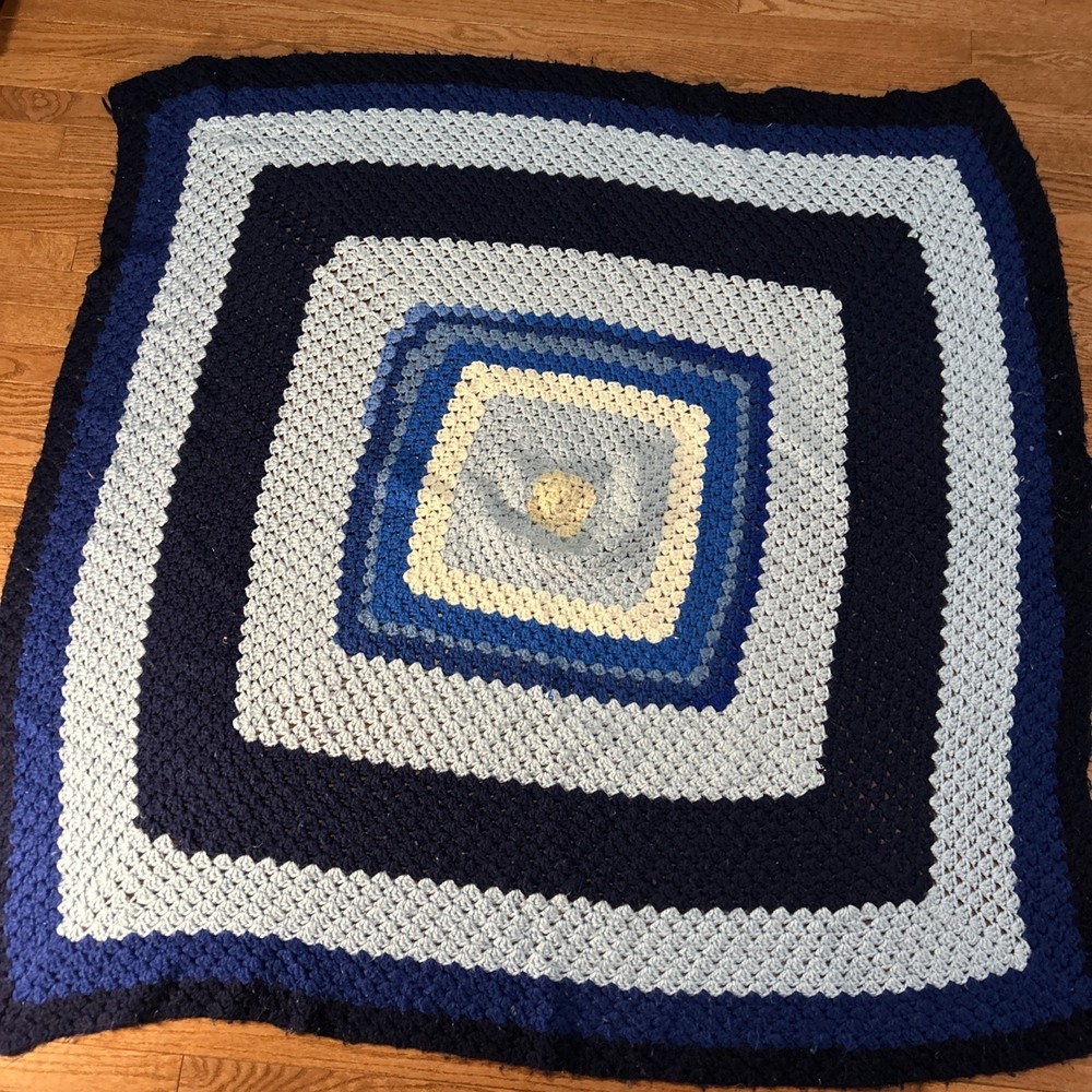 Vintage Hand‎ Crochet Granny Square Afghan Throw Blanket 54" X 52" Blue Colors